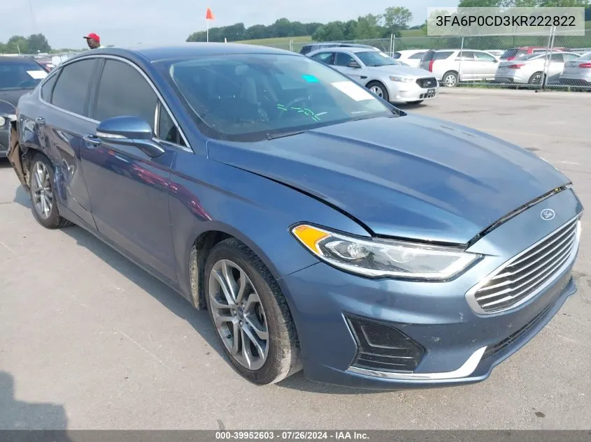 2019 Ford Fusion Sel VIN: 3FA6P0CD3KR222822 Lot: 39952603