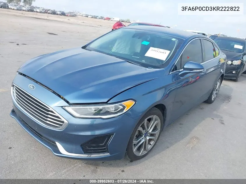 2019 Ford Fusion Sel VIN: 3FA6P0CD3KR222822 Lot: 39952603