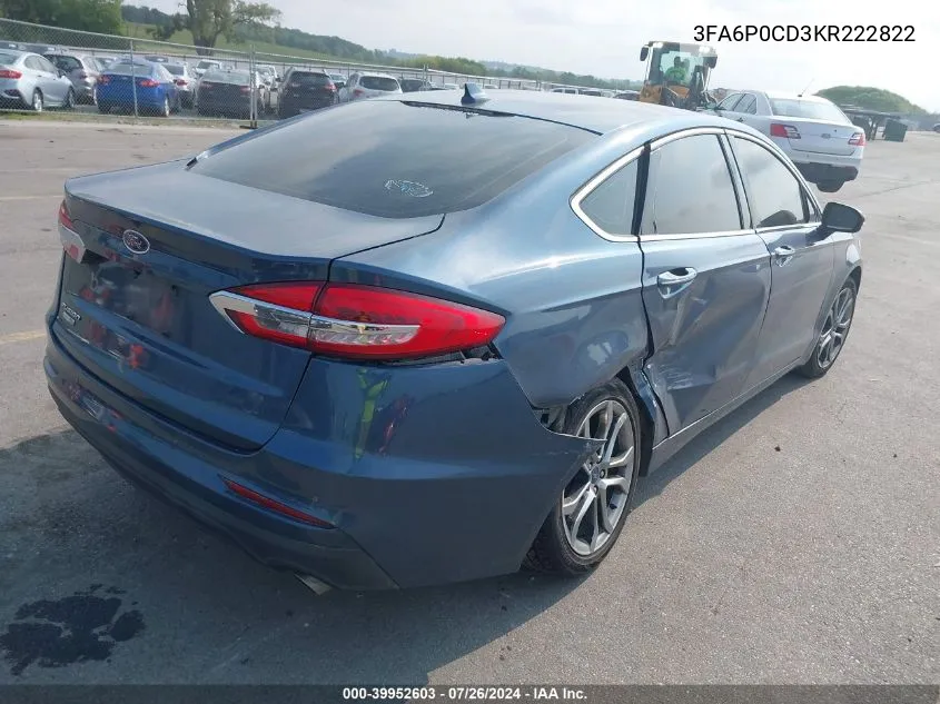 2019 Ford Fusion Sel VIN: 3FA6P0CD3KR222822 Lot: 39952603