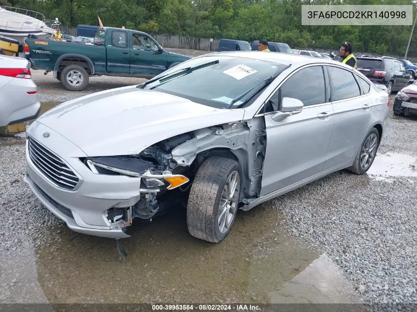 2019 Ford Fusion Sel VIN: 3FA6P0CD2KR140998 Lot: 39953584