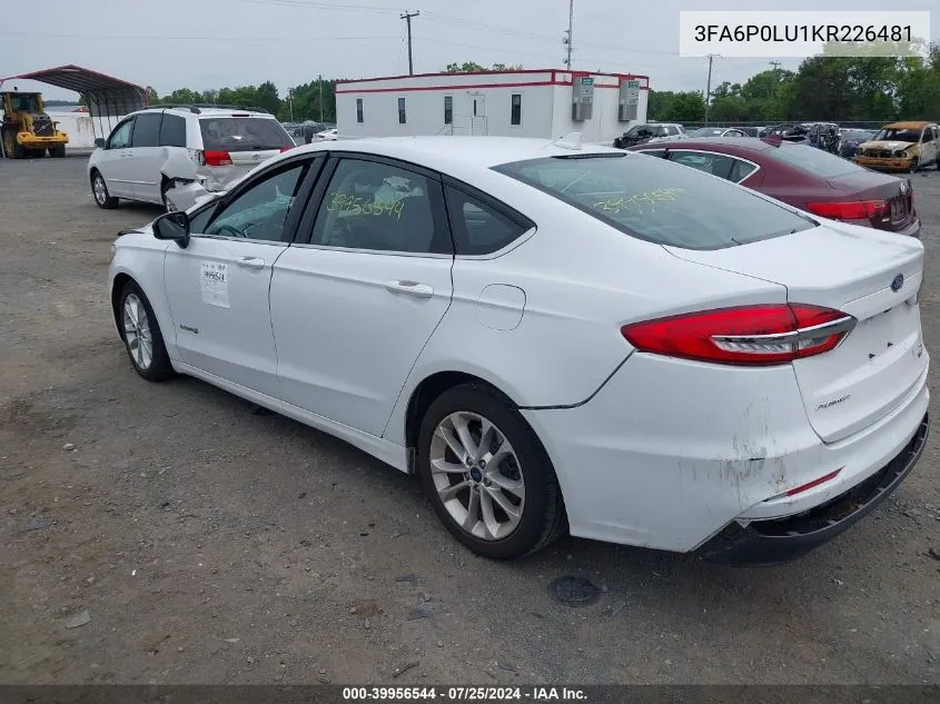 2019 Ford Fusion Hybrid Se VIN: 3FA6P0LU1KR226481 Lot: 39956544