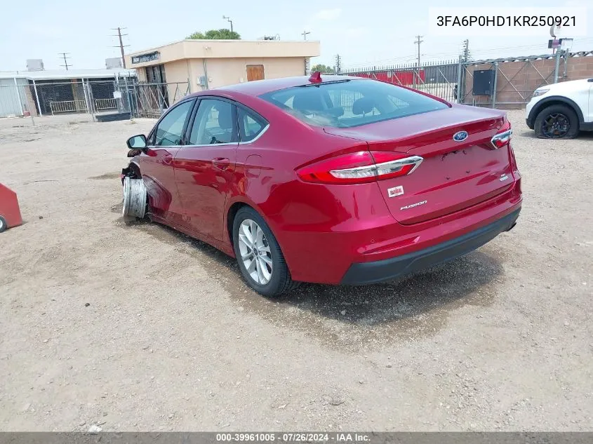 2019 Ford Fusion Se VIN: 3FA6P0HD1KR250921 Lot: 39961005