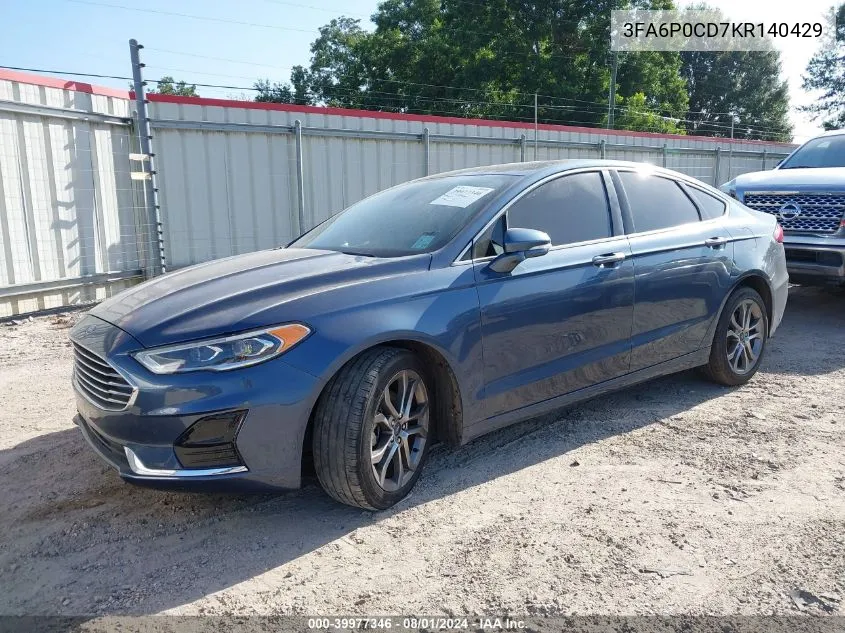 2019 Ford Fusion Sel VIN: 3FA6P0CD7KR140429 Lot: 39977346