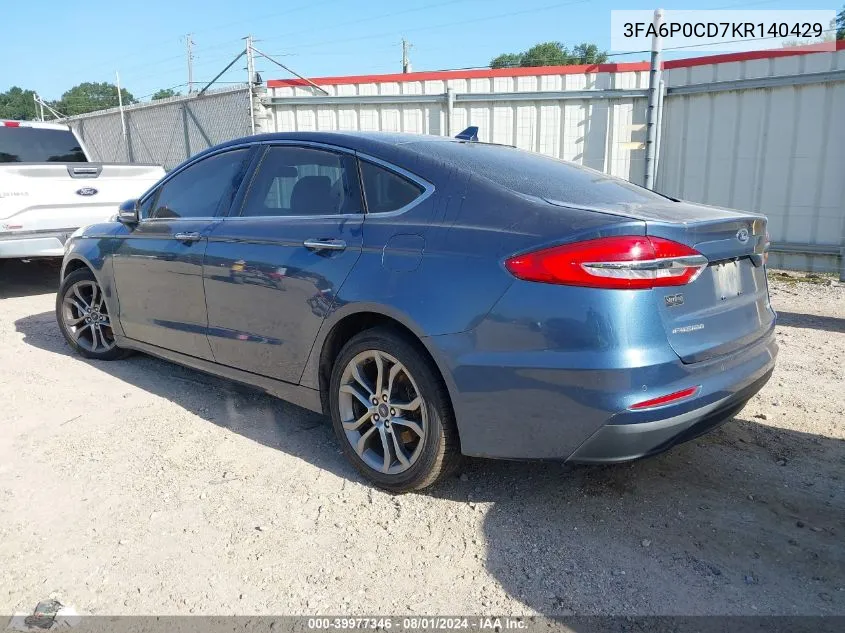 2019 Ford Fusion Sel VIN: 3FA6P0CD7KR140429 Lot: 39977346