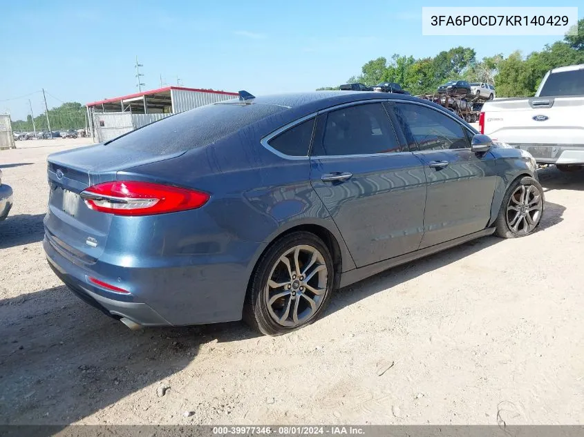 2019 Ford Fusion Sel VIN: 3FA6P0CD7KR140429 Lot: 39977346