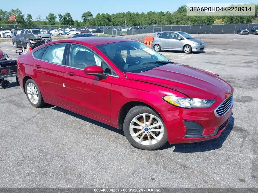 2019 Ford Fusion Se VIN: 3FA6P0HD4KR228914 Lot: 40004237