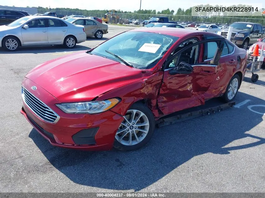 2019 Ford Fusion Se VIN: 3FA6P0HD4KR228914 Lot: 40004237