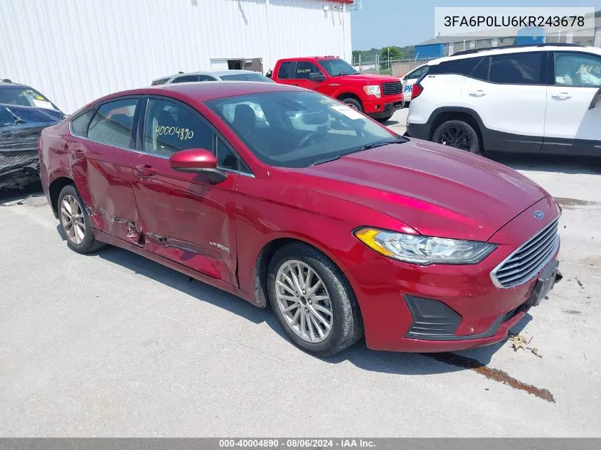 2019 Ford Fusion Hybrid Se VIN: 3FA6P0LU6KR243678 Lot: 40004890