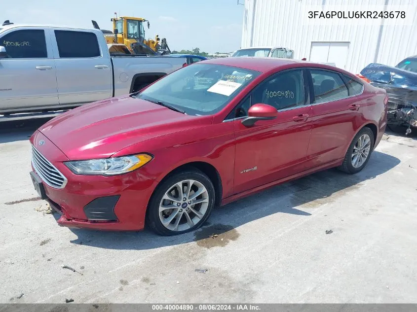 2019 Ford Fusion Hybrid Se VIN: 3FA6P0LU6KR243678 Lot: 40004890