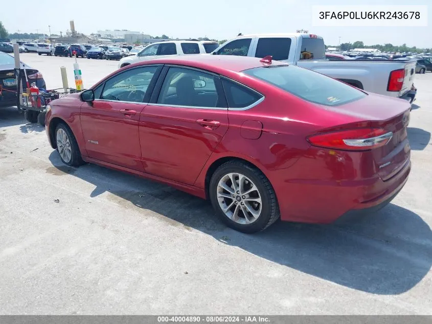 3FA6P0LU6KR243678 2019 Ford Fusion Hybrid Se