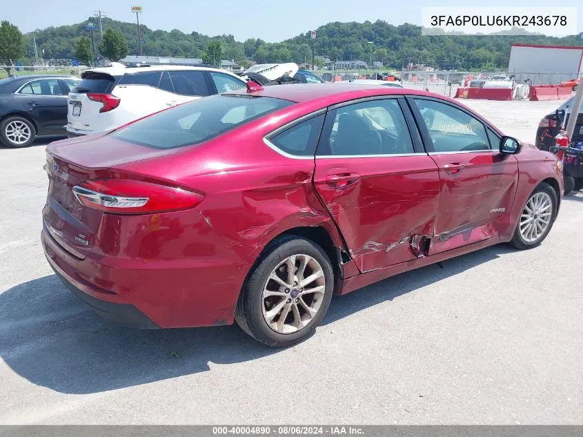 3FA6P0LU6KR243678 2019 Ford Fusion Hybrid Se