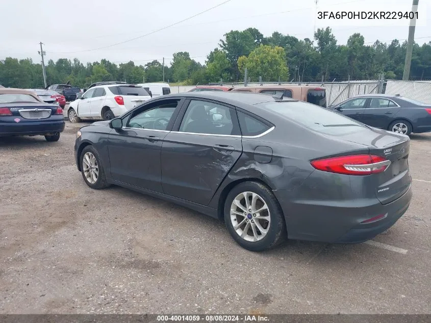 2019 Ford Fusion Se VIN: 3FA6P0HD2KR229401 Lot: 40014059