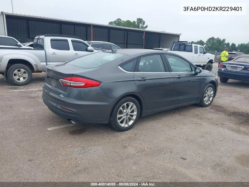 2019 Ford Fusion Se VIN: 3FA6P0HD2KR229401 Lot: 40014059