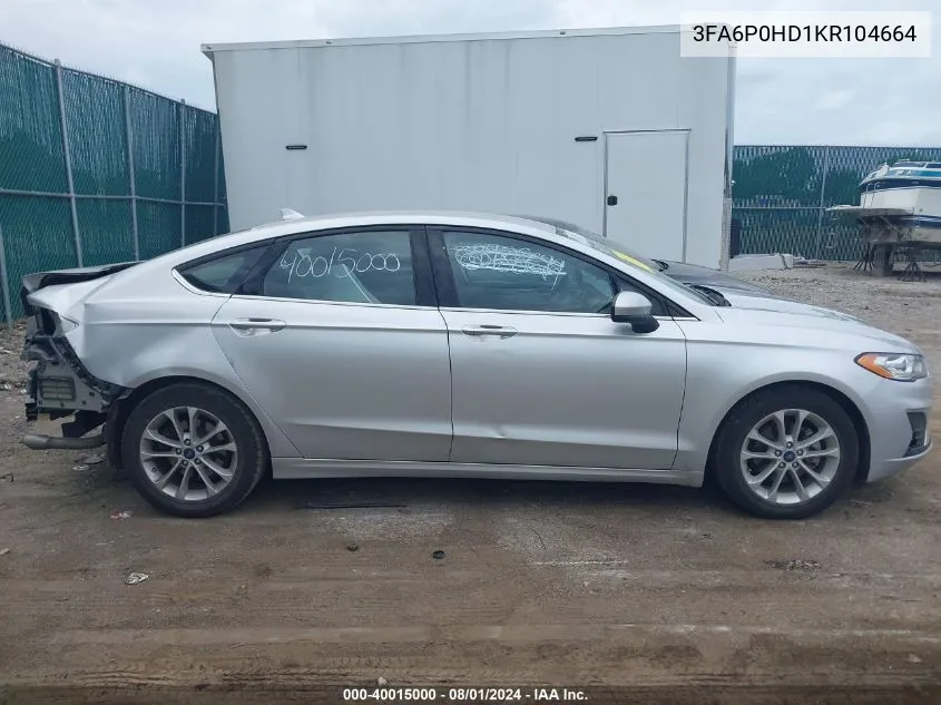 2019 Ford Fusion Se VIN: 3FA6P0HD1KR104664 Lot: 40015000