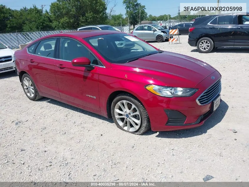 2019 Ford Fusion Hybrid Se VIN: 3FA6P0LUXKR205998 Lot: 40035298