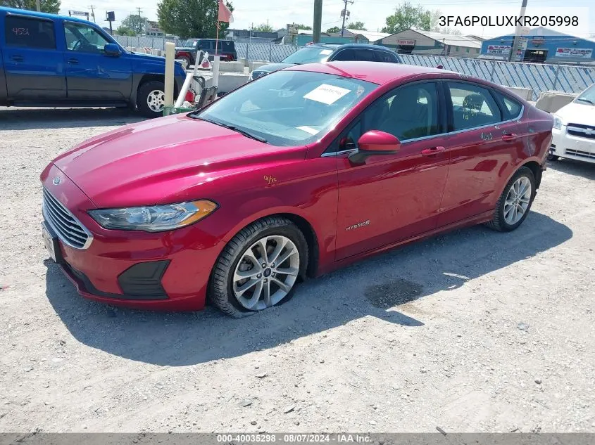 2019 Ford Fusion Hybrid Se VIN: 3FA6P0LUXKR205998 Lot: 40035298