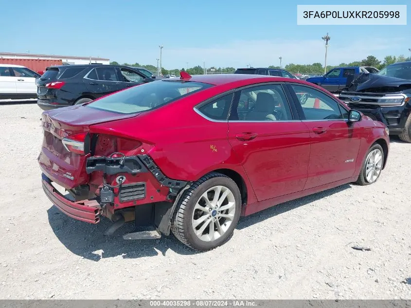 2019 Ford Fusion Hybrid Se VIN: 3FA6P0LUXKR205998 Lot: 40035298