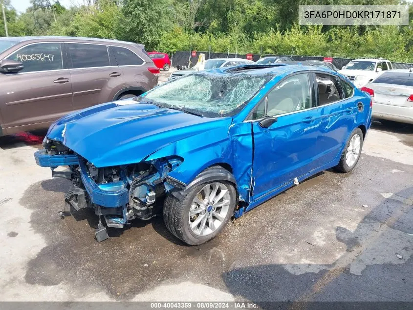 2019 Ford Fusion Se VIN: 3FA6P0HD0KR171871 Lot: 40043359