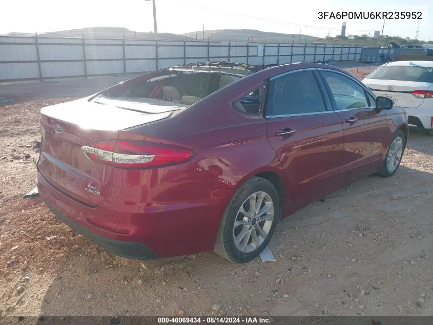 3FA6P0MU6KR235952 2019 Ford Fusion Hybrid Sel