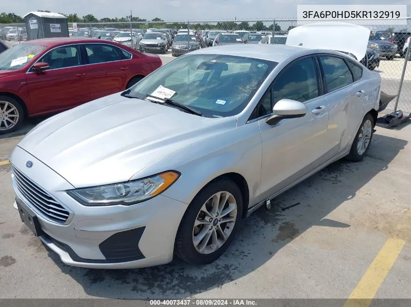 2019 Ford Fusion Se VIN: 3FA6P0HD5KR132919 Lot: 40073437