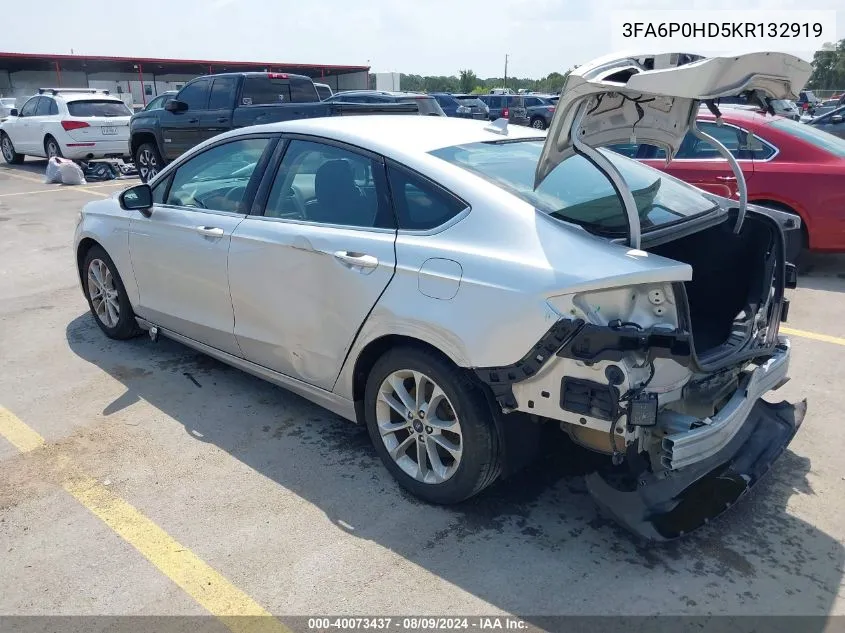 2019 Ford Fusion Se VIN: 3FA6P0HD5KR132919 Lot: 40073437