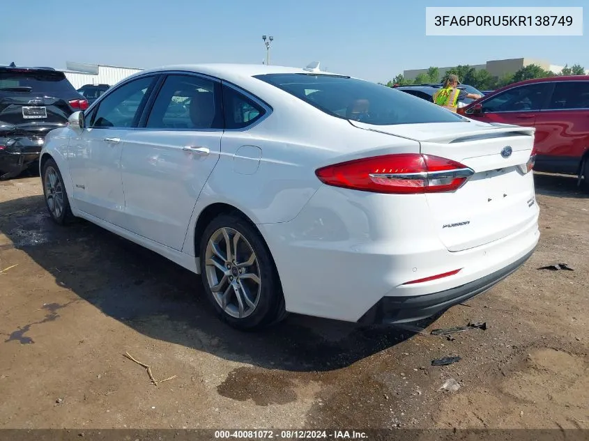 2019 Ford Fusion Hybrid Titanium VIN: 3FA6P0RU5KR138749 Lot: 40081072