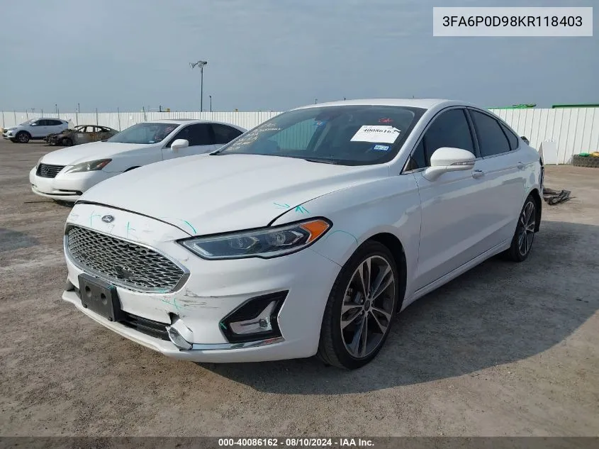 2019 Ford Fusion Titanium VIN: 3FA6P0D98KR118403 Lot: 40086162