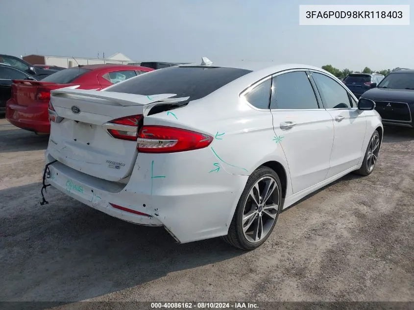 2019 Ford Fusion Titanium VIN: 3FA6P0D98KR118403 Lot: 40086162