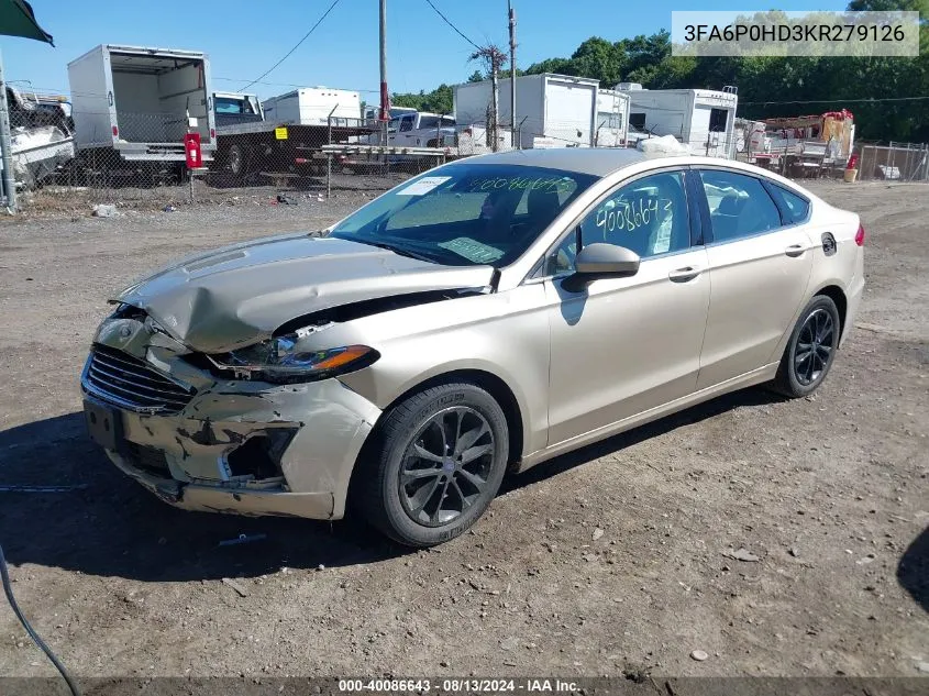 2019 Ford Fusion Se VIN: 3FA6P0HD3KR279126 Lot: 40086643