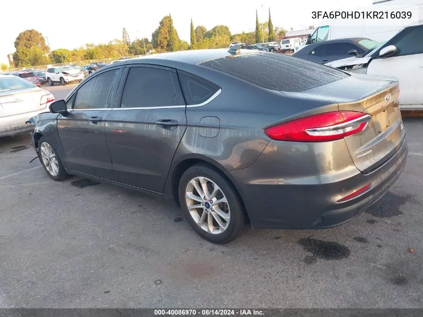 2019 Ford Fusion Se VIN: 3FA6P0HD1KR216039 Lot: 40086970