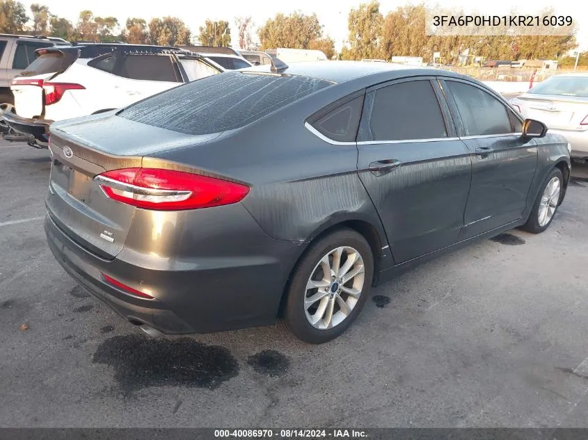 2019 Ford Fusion Se VIN: 3FA6P0HD1KR216039 Lot: 40086970