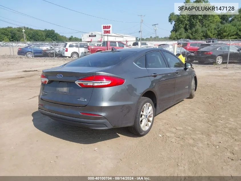 2019 Ford Fusion Hybrid Se VIN: 3FA6P0LU6KR147128 Lot: 40100704