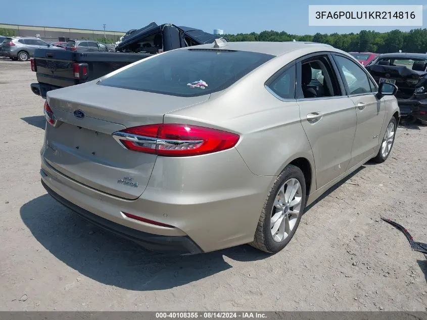 2019 Ford Fusion Hybrid Se VIN: 3FA6P0LU1KR214816 Lot: 40108355