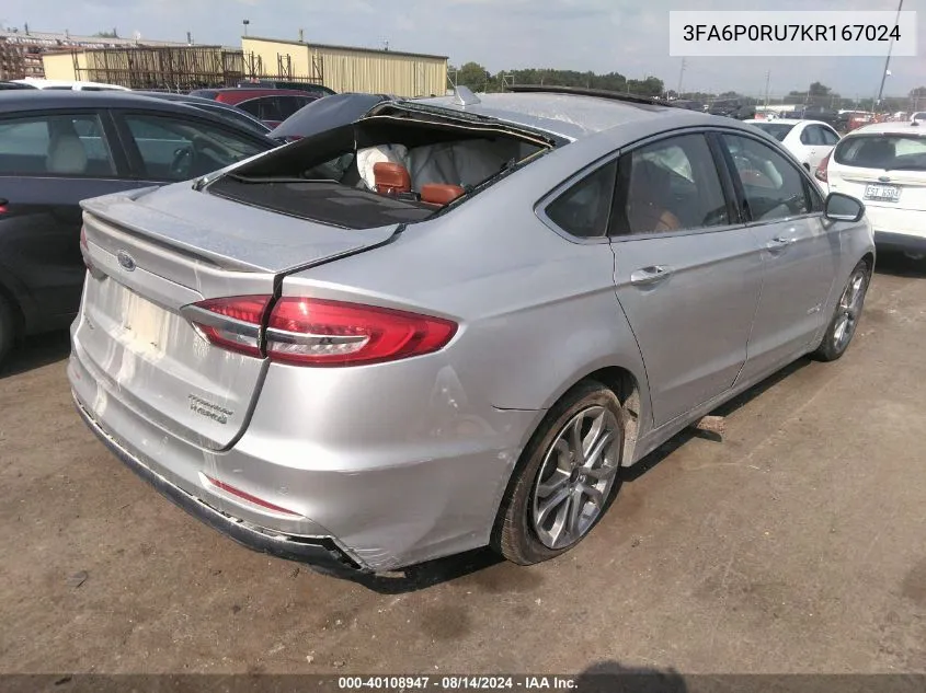 2019 Ford Fusion Hybrid Titanium VIN: 3FA6P0RU7KR167024 Lot: 40108947