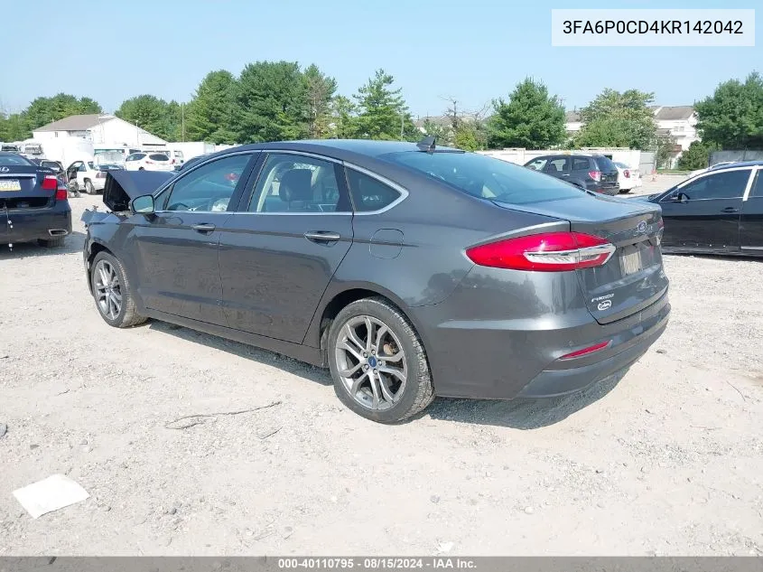 2019 Ford Fusion Sel VIN: 3FA6P0CD4KR142042 Lot: 40110795