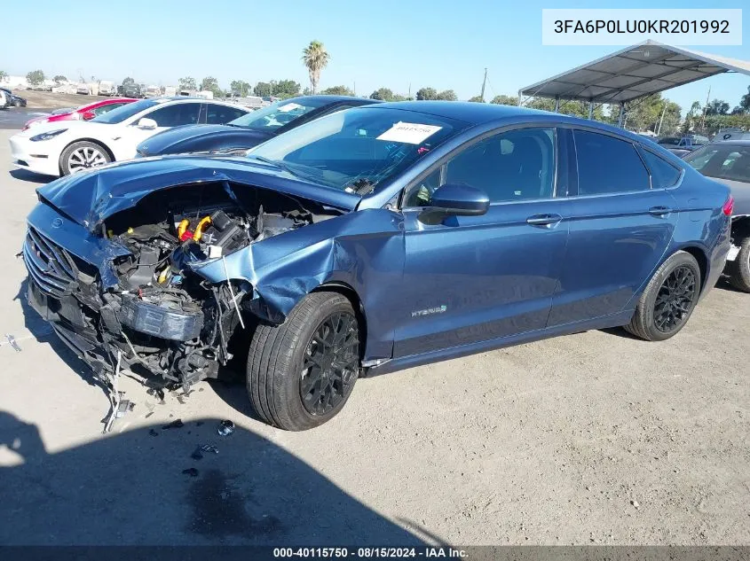 2019 Ford Fusion Hybrid Se VIN: 3FA6P0LU0KR201992 Lot: 40115750