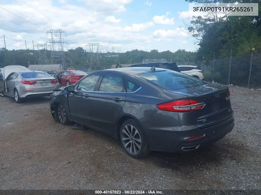 2019 Ford Fusion Se VIN: 3FA6P0T91KR265261 Lot: 40157023