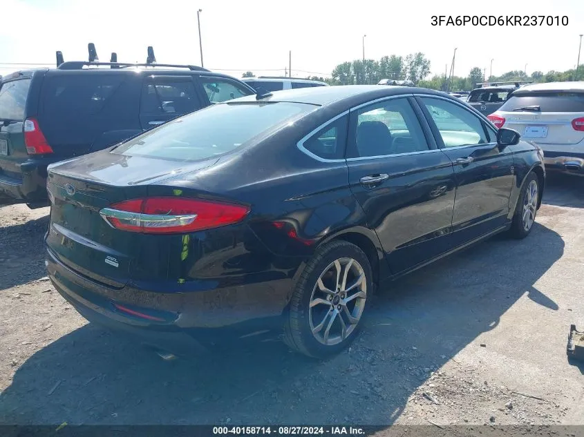 2019 Ford Fusion Sel VIN: 3FA6P0CD6KR237010 Lot: 40158714