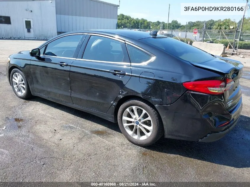 2019 Ford Fusion Se VIN: 3FA6P0HD9KR280166 Lot: 40160968