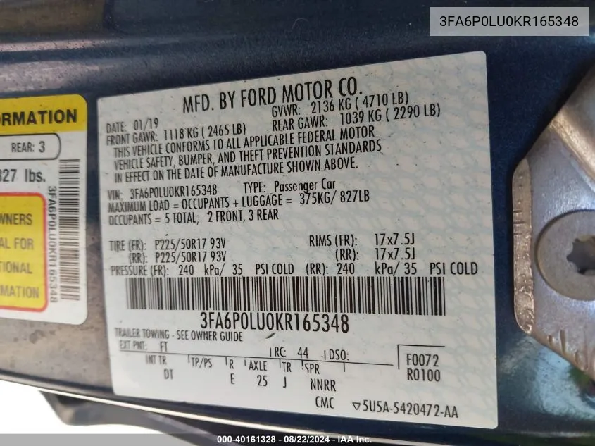 3FA6P0LU0KR165348 2019 Ford Fusion Hybrid Se