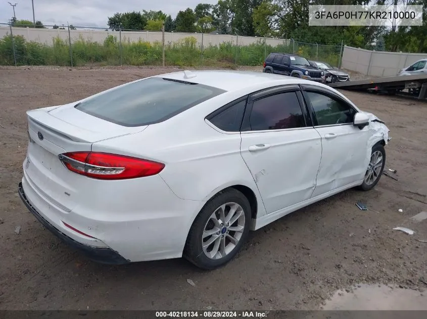 2019 Ford Fusion Se VIN: 3FA6P0H77KR210000 Lot: 40218134