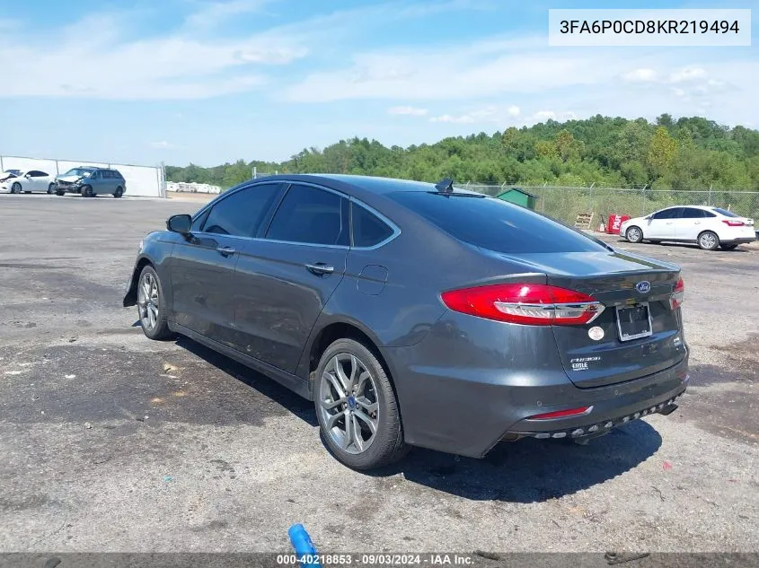 2019 Ford Fusion Sel VIN: 3FA6P0CD8KR219494 Lot: 40218853