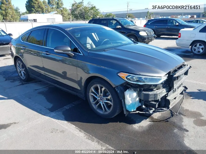 2019 Ford Fusion Sel VIN: 3FA6P0CD8KR216451 Lot: 40220414