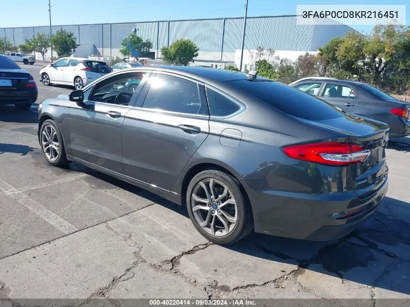 2019 Ford Fusion Sel VIN: 3FA6P0CD8KR216451 Lot: 40220414