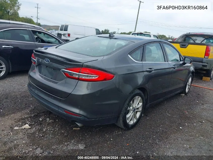 2019 Ford Fusion Se VIN: 3FA6P0HD3KR160864 Lot: 40248885