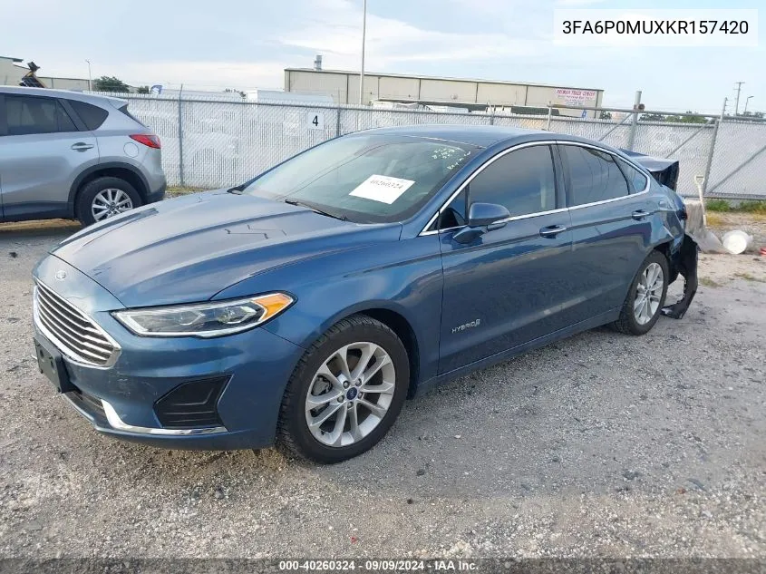 2019 Ford Fusion Hybrid Sel VIN: 3FA6P0MUXKR157420 Lot: 40260324