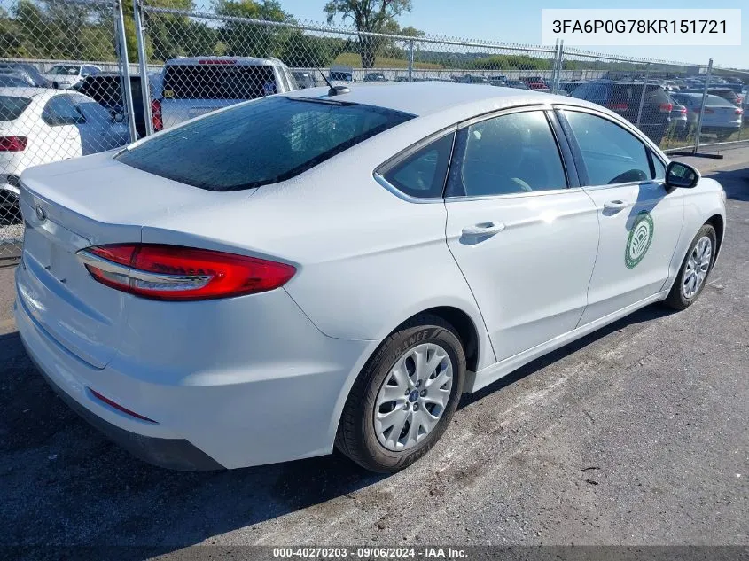 2019 Ford Fusion S VIN: 3FA6P0G78KR151721 Lot: 40270203