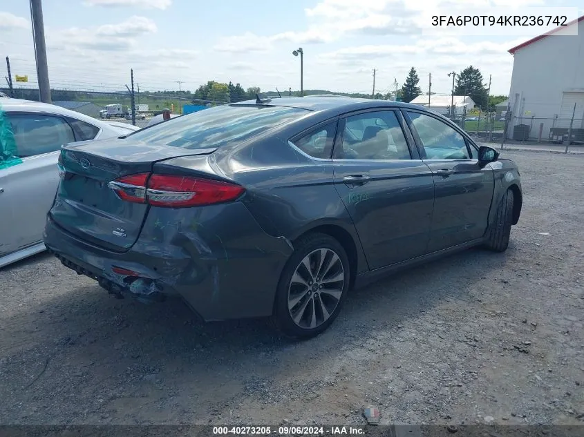 2019 Ford Fusion Se VIN: 3FA6P0T94KR236742 Lot: 40273205