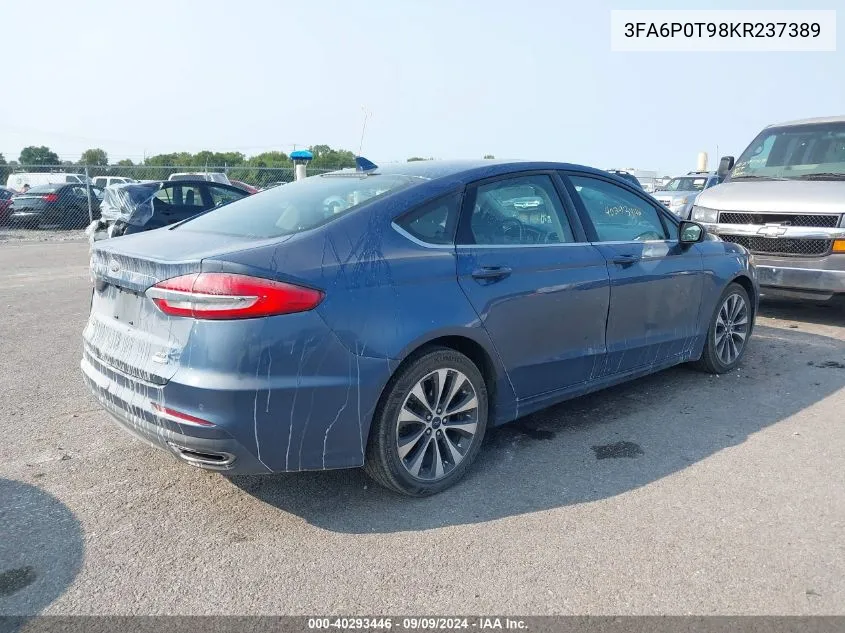 2019 Ford Fusion Se VIN: 3FA6P0T98KR237389 Lot: 40293446