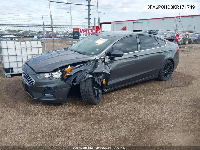 2019 Ford Fusion Se VIN: 3FA6P0HD3KR171749 Lot: 40298552